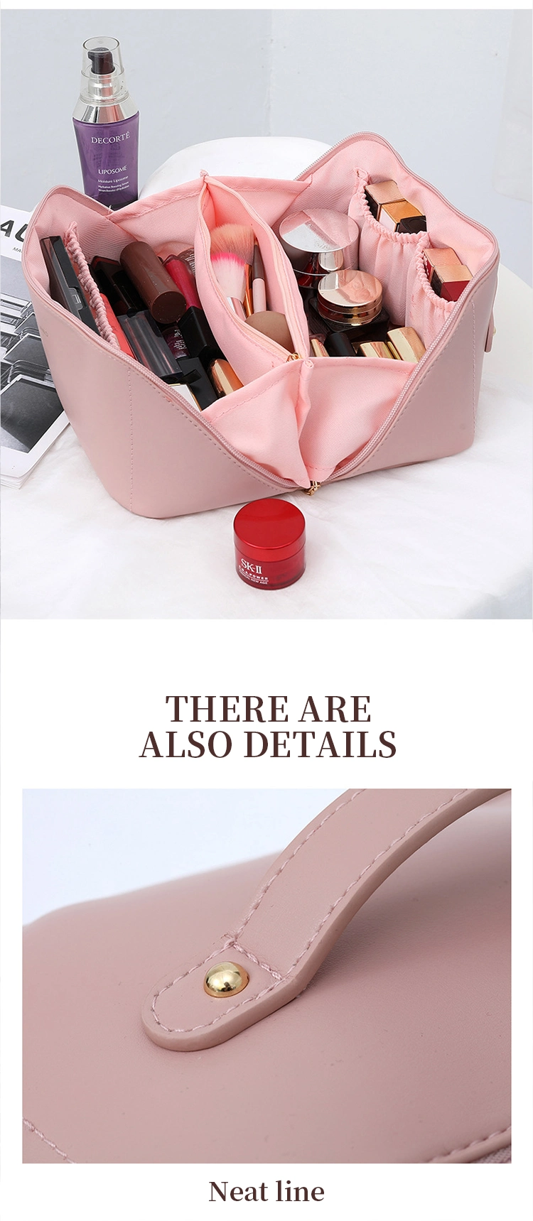 Custom PU Leather Makeup Bag Pouch Skincare Cosmetic Partition Storage Waterproof Travel Toiletry Make up Cosmetic Bags