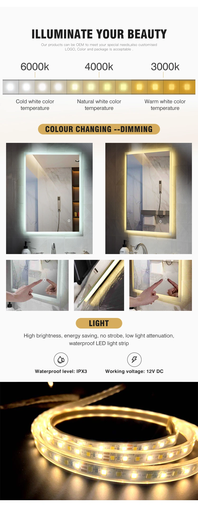 Wholesale Home Decoration Wall Light Luxury Vanity Defogger Living Room Furniture Makeup Cosmotic LED Bathroom Smart Mirror with Time Display