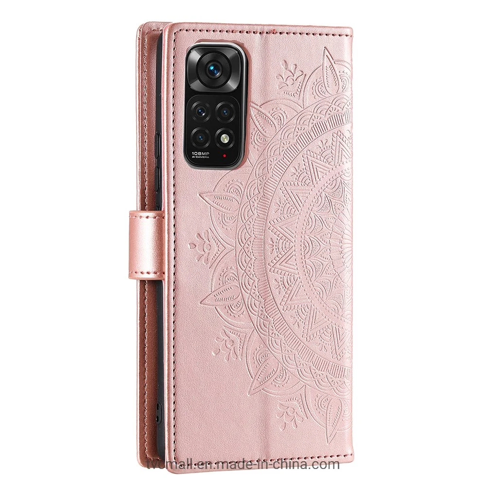 for Xiaomi Redmi Note 11s 4G/Note 11 4G (Qualcomm) Imprinted Mandala Flower Leather Case Wallet Stand Phone Shell with Wrist Strap - Rose Gold