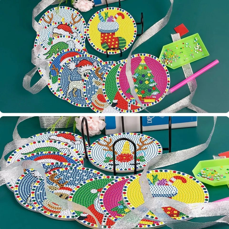 5D DIY Mandala Flower Christmas Animal Ocean 6/8/9/12/18 Pieces with Stand Holder Tea DIY Diamond Painting Coaster Set Kit