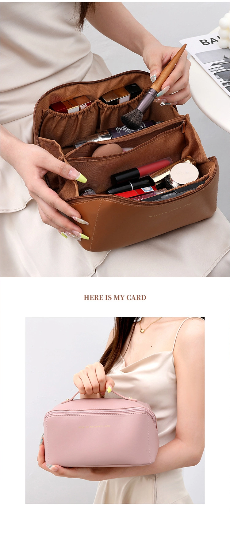Custom PU Leather Makeup Bag Pouch Skincare Cosmetic Partition Storage Waterproof Travel Toiletry Make up Cosmetic Bags