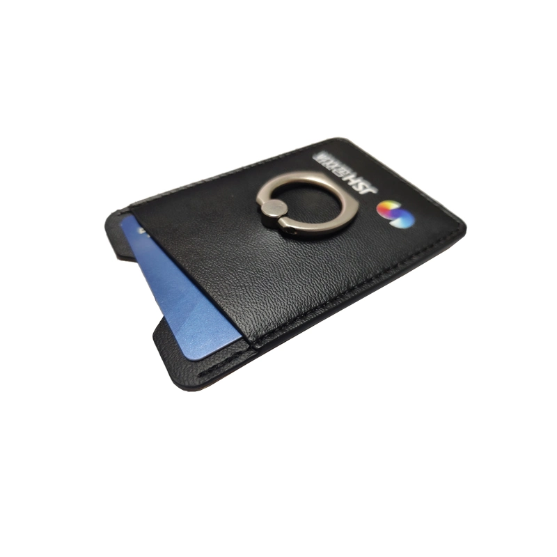RFID PU Leather Cell Phone Credit Card Holder with Finger Grip Ring Stand