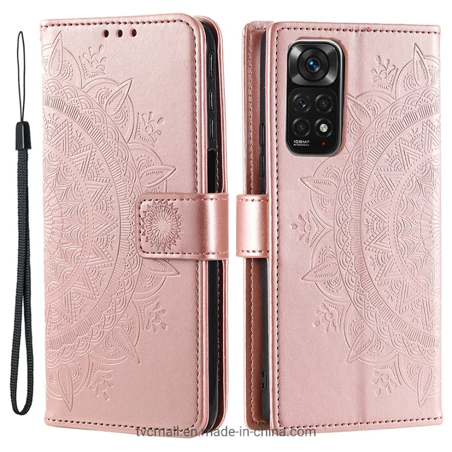 for Xiaomi Redmi Note 11s 4G/Note 11 4G (Qualcomm) Imprinted Mandala Flower Leather Case Wallet Stand Phone Shell with Wrist Strap - Rose Gold